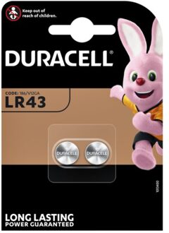 Batterij Duracell knoopcel 2xLR43 alkaline O11,6mm 2 stuks Assorti