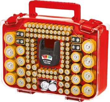 Battery Daddy Dubbelzijdige batterijbox met Batterij Tester, voor 150 batterijen Rood