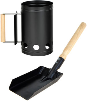 BBQ/Barbecue briketten starter met houten handvat zwart 27 cm en een kolenschep