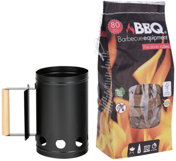 BBQ/Barbecue briketten starter met houten handvat zwart 27 cm met 80x BBQ aanmaakblokjes
