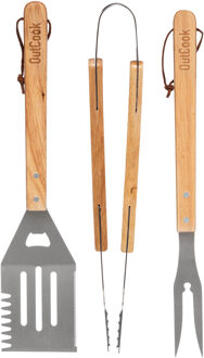 BBQ/barbecue gereedschap set - 3-delig - met houten handvatten - Tang - Vork - Spatel