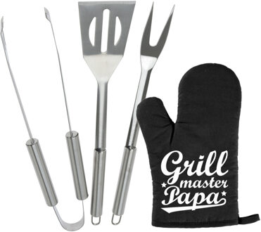 BBQ/barbecue gereedschap set 3-delig RVS met BBQ handschoen Grillmaster papa - Barbecuegereedschapset