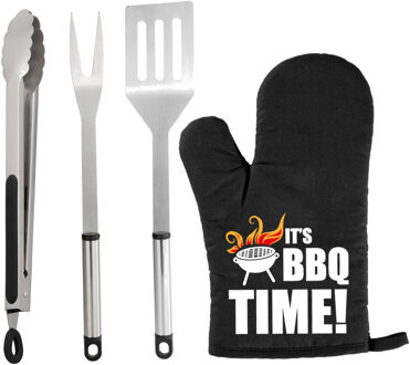 BBQ/barbecue gereedschap set 3-delig RVS met BBQ handschoen It's BBQ Time!