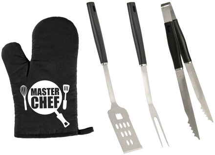 BBQ/barbecue gereedschap set 3-delig RVS met BBQ handschoen Masterchef - Barbecuegereedschapset