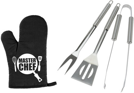 BBQ/barbecue gereedschap set 3-delig RVS met BBQ handschoen Masterchef - Barbecuegereedschapset