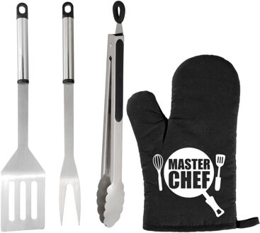 BBQ/barbecue gereedschap set 3-delig RVS met BBQ handschoen Masterchef - Barbecuegereedschapset