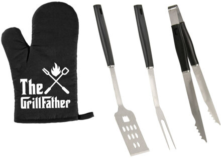 BBQ/barbecue gereedschap set 3-delig RVS met BBQ handschoen The Grillfather - Barbecuegereedschapset