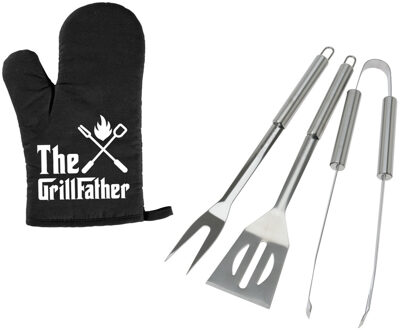 BBQ/barbecue gereedschap set 3-delig RVS met BBQ handschoen The Grillfather - Barbecuegereedschapset