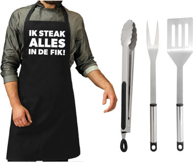 BBQ/barbecue gereedschap set 3-delig RVS met zwart schort Ik steak alles in de fik! - Barbecuegereedschapset