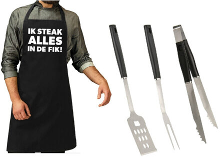 BBQ/barbecue gereedschap set 3-delig RVS met zwart schort Ik steak alles in de fik!