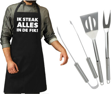BBQ/barbecue gereedschap set 3-delig RVS met zwart schort Ik steak alles in de fik!