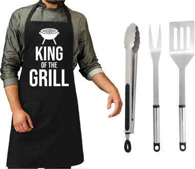 BBQ/barbecue gereedschap set 3-delig RVS met zwart schort King of the grill