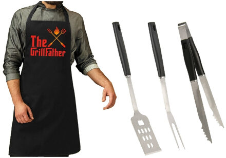 BBQ/barbecue gereedschap set 3-delig RVS met zwart schort The GrillFather