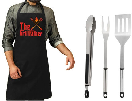 BBQ/barbecue gereedschap set 3-delig RVS met zwart schort The GrillFather