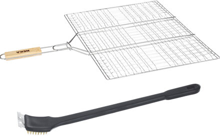 BBQ/barbecue hamburger grill klem met houten handvat incl. schoonmaakborstel