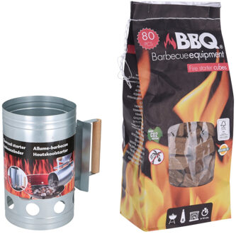 BBQ briketten/houtskool starter met houten handvat 27 cm met 80x BBQ aanmaakblokjes - Brikettenstarters Zilverkleurig