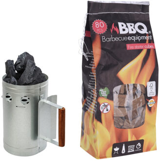BBQ briketten/houtskool starter met houten handvat 27 cm met 80x BBQ aanmaakblokjes