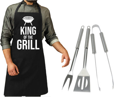 BBQ Collection BBQ/barbecue gereedschap set 3-delig RVS met zwart schort King of the grill