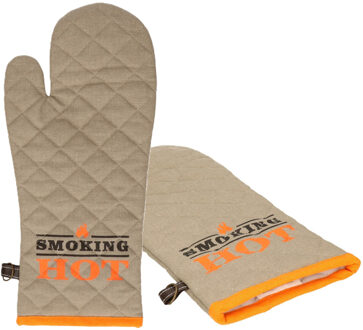 BBQ handschoenen - 2x - hittebestendig tot 250 graden - lichtgrijs/oranje - katoen - ovenwanten