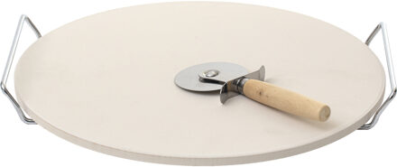 BBQ/oven pizzasteen rond keramiek 33 cm met handvaten incl. pizzasnijder - Pizzaplaten Beige