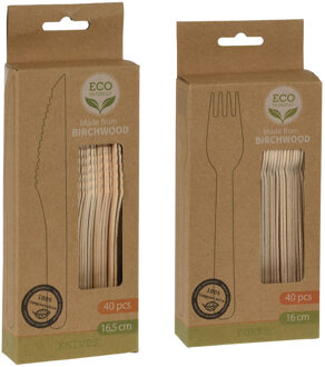 BBQ/verjaardag/camping bestek set - mes en vork - 40 personen - hout - 16cm - eco friendly - wegwerp