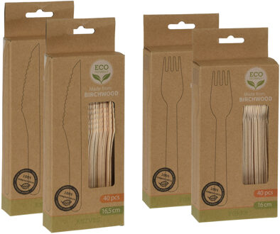 BBQ/verjaardag/camping bestek set - mes en vork - 80 personen - hout - 16cm - eco friendly - wegwerp