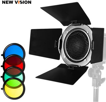 BD-03 Pro Schuurdeur 3in1 met Honeycomb Grid & Gel Kleur Filters Barndoor Universele Mount