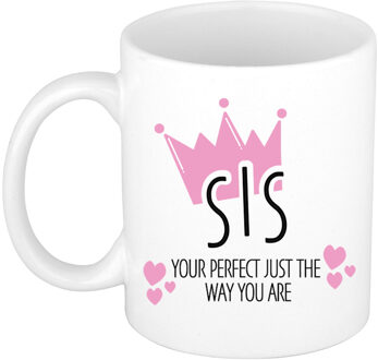 BD Cadeau koffie/thee mok voor zus - kroon/hartjes - wit - 300 ml
