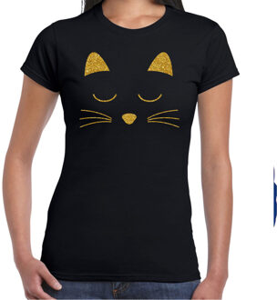 BD Cadeau T-shirt dames - zwart - glitter goud - kat / poes liefhebber S