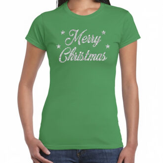 BD Kerst T-shirt dames - groen - Merry Christmas - zilveren glitters XS