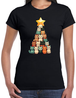 BD Kerst T-shirt dames - kerstboom van katjes - zwart - kerstkatjes M