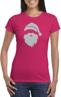 BD Kerst T-shirt dames - Kerstman hoofd - roze - glitter zilver S
