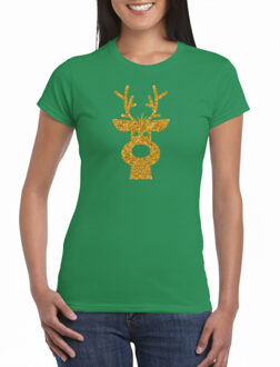 BD Kerst T-shirt dames - rendier - groen - glitter bedrukking - goud L