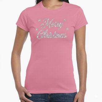 BD Kerst T-shirt dames - roze - Merry Christmas - zilveren glitters M