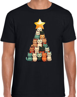 BD Kerst T-shirt heren - kerstboom van kat/poes - zwart - kerstkatjes S