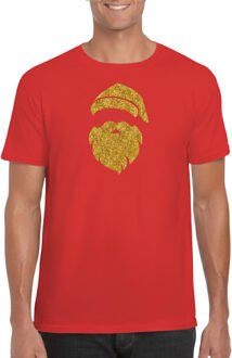 BD Kerst T-shirt heren - Kerstman hoofd - rood - glitter goud - Kerst S
