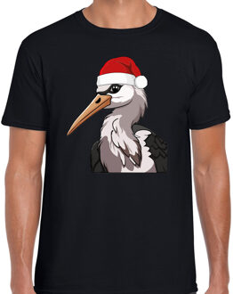 BD Kerst T-shirt heren - ooievaar met kerstmuts - zwart - Kerstmis M