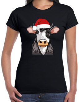 BD Kerst T-shirt voor dames - koe met kerstmuts - zwart - Kerstmis L