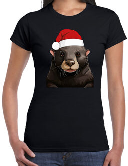 BD Kerst T-shirt voor dames - Mol met kerstmuts - zwart - Kerstmis M