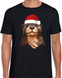 BD Kerst T-shirt voor heren - Otter met kerstmuts - zwart - Kerstmis M