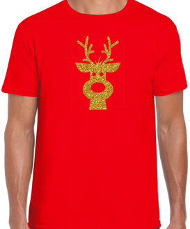 BD Kerst verkleed T-shirt heren - rood - Rendier hoofd - glitter goud XL