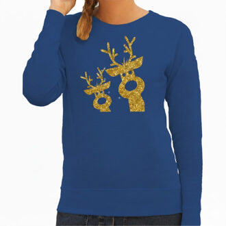 BD kersttrui - dames - gouden rendieren - blauw - glitter goud S