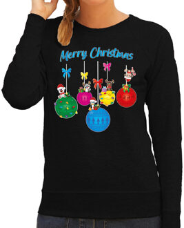 BD Kersttrui / sweater dames - kerstballen - zwart - kerstdiertjes XL