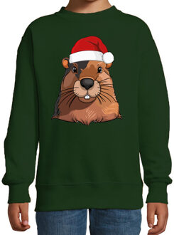 BD Kersttrui / sweater familie Bever - kinderen - dieren - groen 9-11 jaar (134/146)