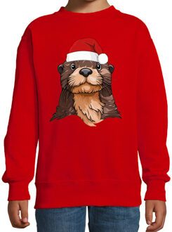 BD Kersttrui / sweater familie Otter - kinderen - dieren - rood 12-13 jaar (152/164)