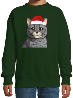 BD Kersttrui / sweater katten - kinderen - grijs kat/poes - groen 7-8 jaar (122/128)