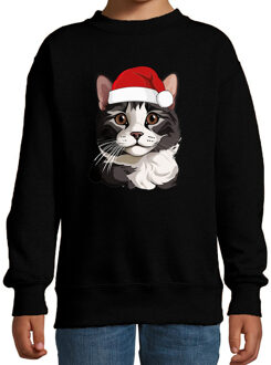 BD Kersttrui / sweater katten - kinderen - grijze kat/poes - zwart 9-11 jaar (134/146)