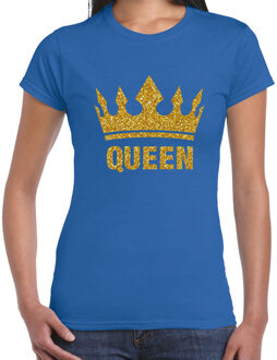 BD Koningsdag T-shirt dames - Queen - glitter goud - blauw - feest XS
