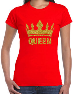 BD Koningsdag T-shirt dames - Queen - glitter goud - rood - feest XL