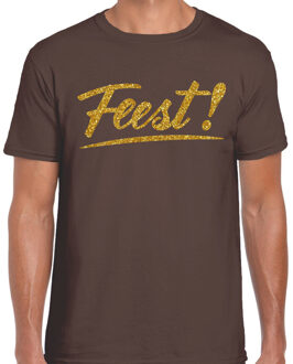 BD Party T-shirt heren - bruin - Feest! - glitter goud - thema feest 2XL